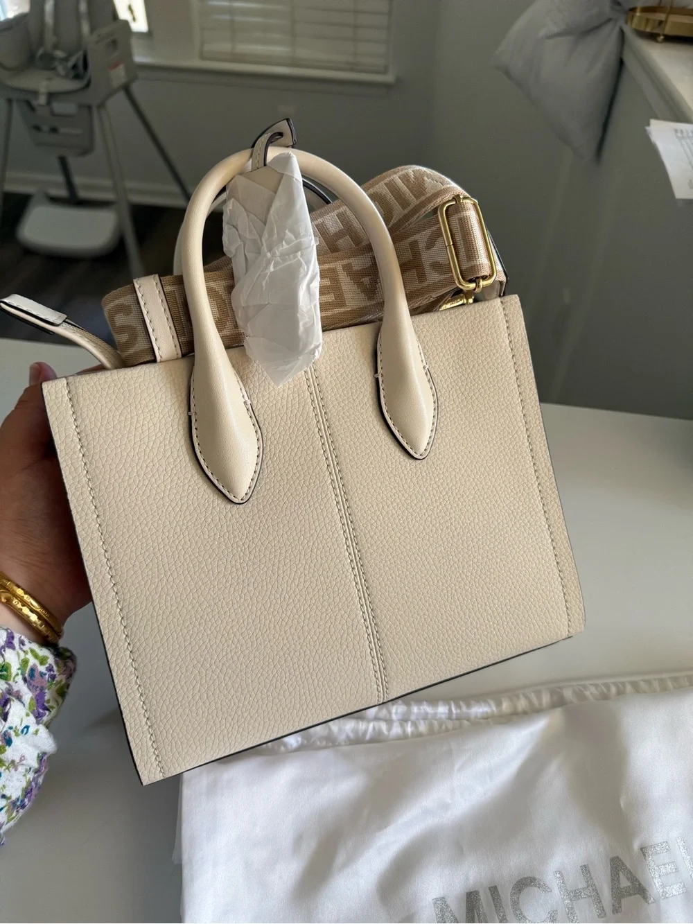 Michael Kors Beige/Cream Leather Satchel with Logo Strap